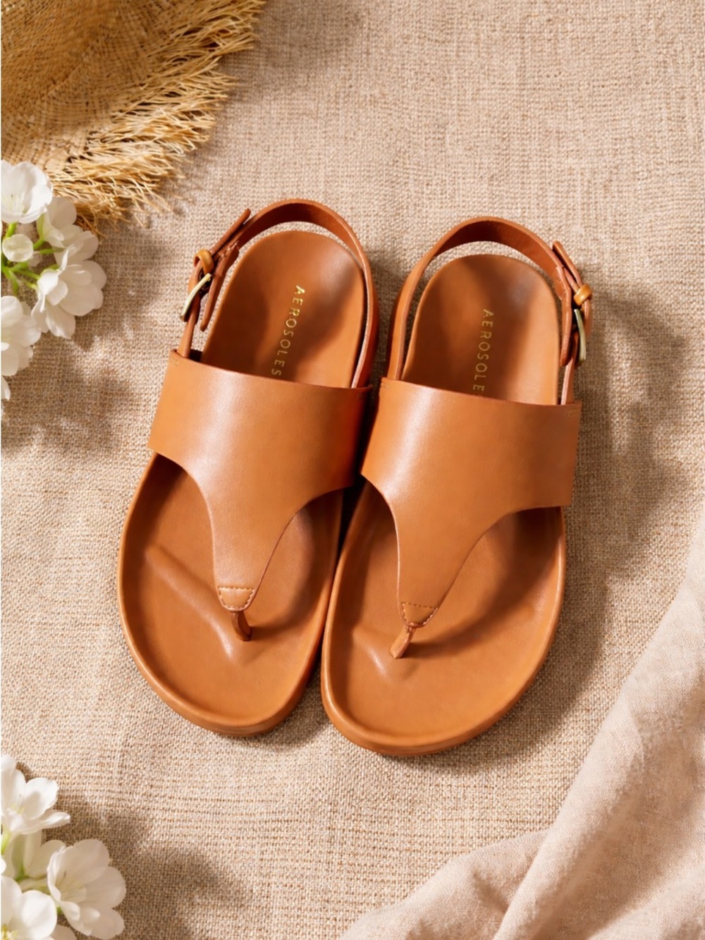 Aerosoles Modern Thong Adjustable Slingback Molded Footbed Sandal 6.5 Cognac NEW